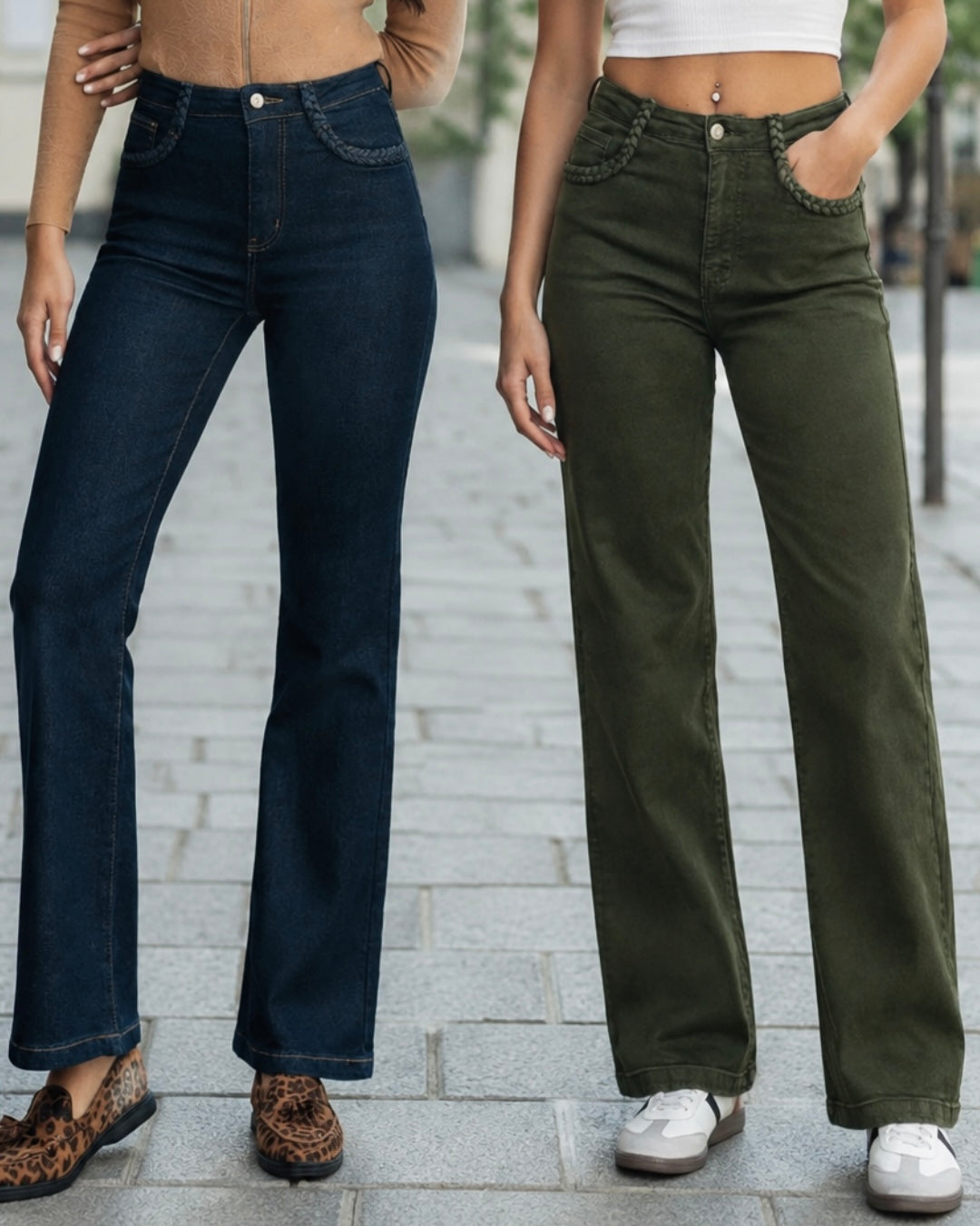 Jeans med vida ben och flätade fickor