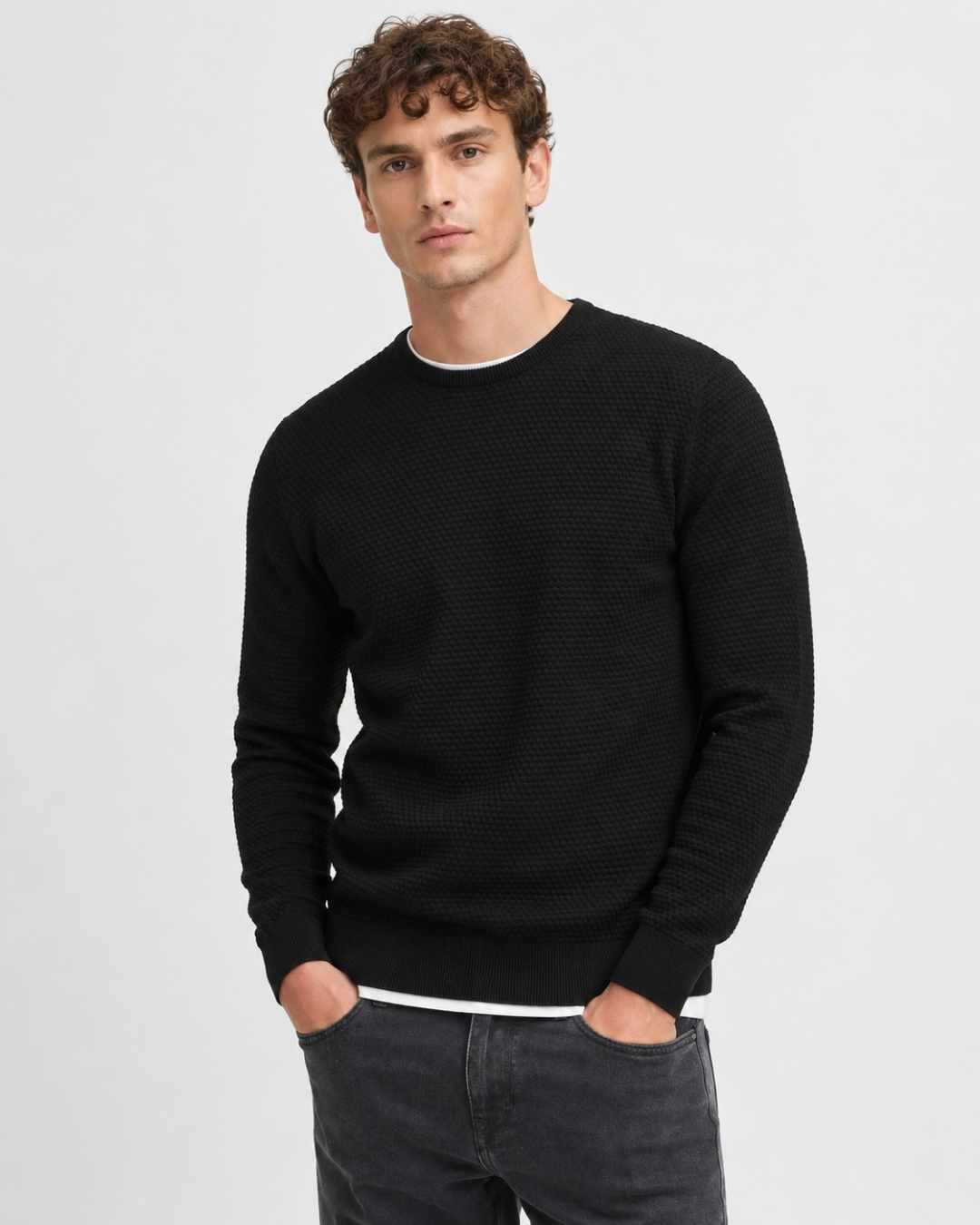 Crewneck våffelstickad
