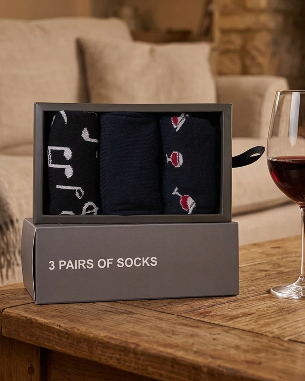 Presentförpackning strumpor vin & musik